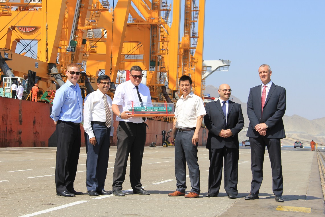 At a ceremony to mark the arrival of the new sophisticated cranes at Khorfakkan Container Terminal are: (from left) Simon Sundboell, Gulftainer Group Commercial Manager; Anselm Coelho, Operations Manager, China Shipping (UAE) Agency; Dan Wright, KCT Terminal Manager; Tom Zhou, Deputy General Manager, Operations Division, China Shipping (West Asia) Holdings; Ali Fathi, Gulftainer Deputy Sales Manager; and Paul Hennessy, Gulftainer Operations Manager, UAE Terminals.
